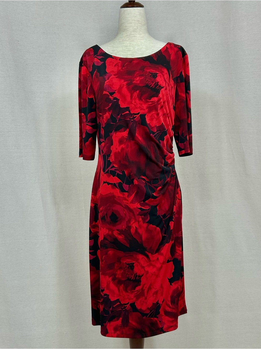 Connected Apparel Red and Black Floral Midi Sheath Dress Size 10